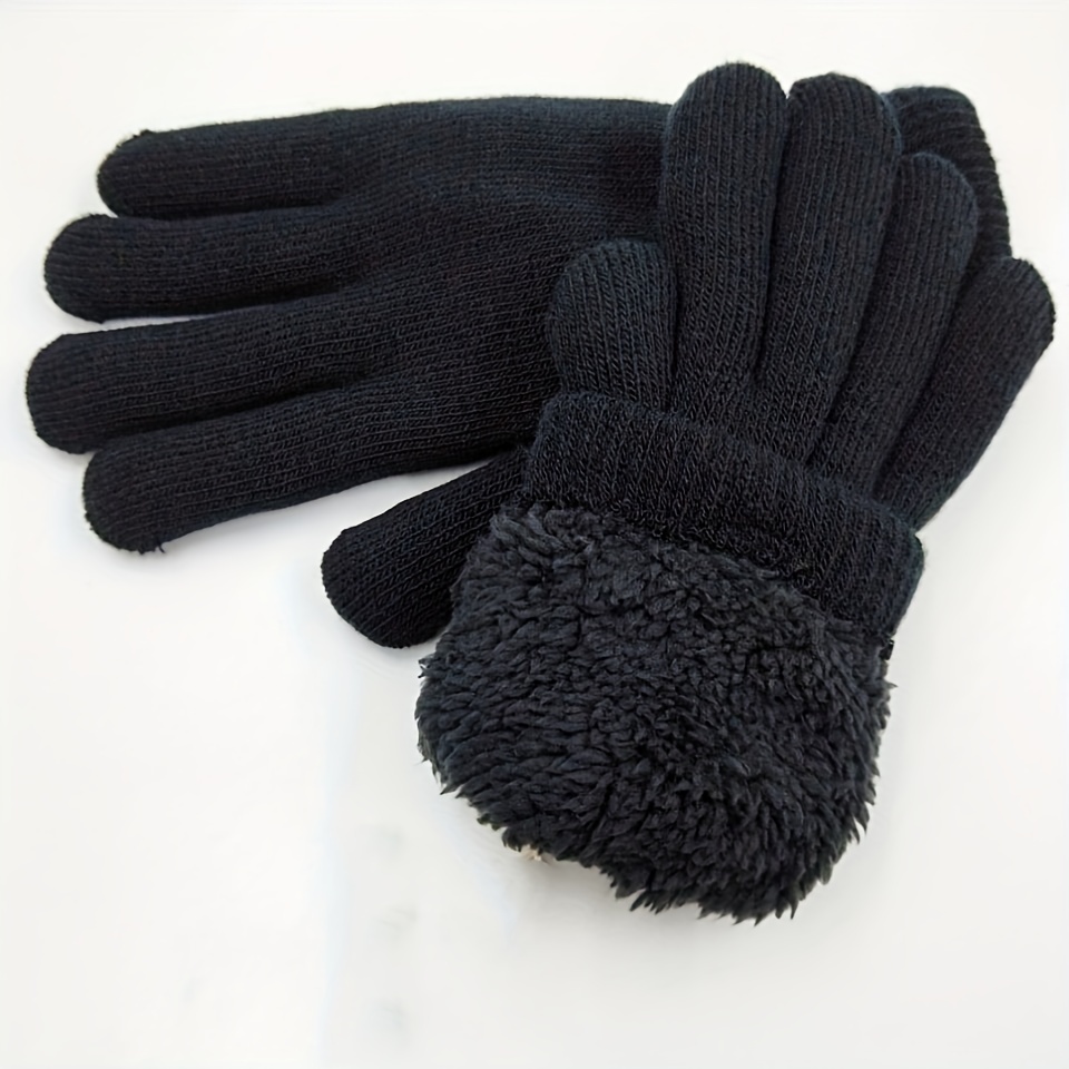 

1pair Men's Double-layer Thickened Cassette Beanie Gloves, Full Black Plus Velvet Coldproof Warm Outdoor Gloves