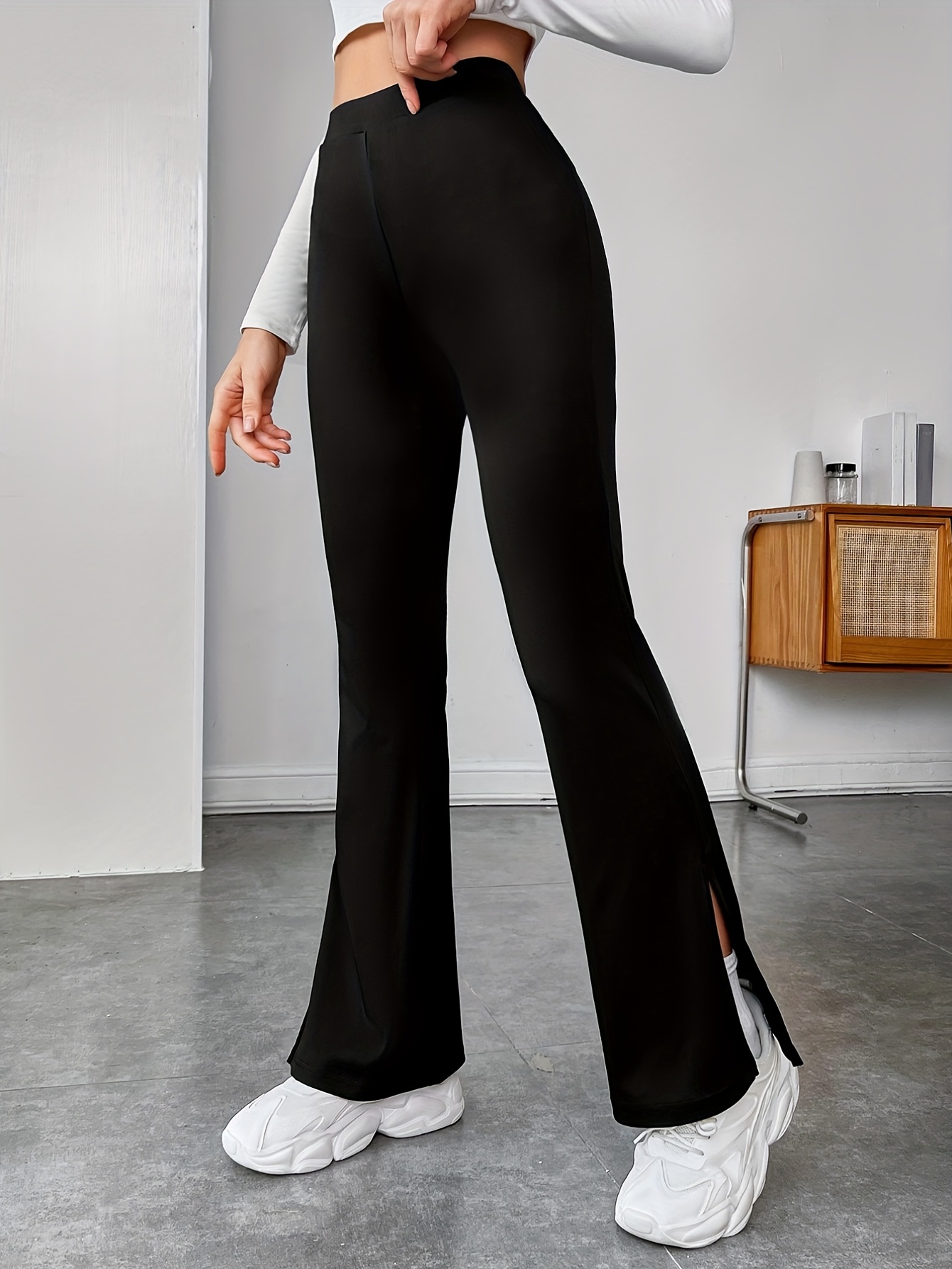 Solid Flare Leg Pants, Casual Slim Cross Waist Pants For All Season,  Women's Clothing
