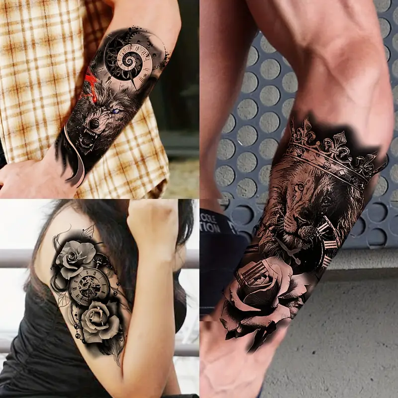 68 Sheets Large Half Arm Sleeve Temporary Tattoos For Men Women Forearm,  Tribal Wolf Tiger Lion Owl Skull Temp Halloween Fake Tattoo Stickers Adults