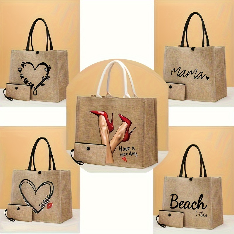 

2pcs Trendy Printed Tote Bag Set, Large Capacity Gift Handbag, Portable Shopping Bag With Coin Purse