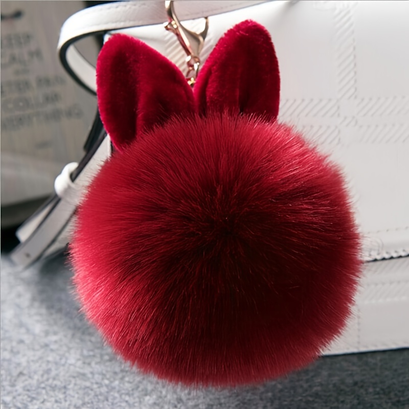 12 Cm Rabbit Ears Fur Ball Bag Charms With Golden Keyring Pom Pom, Fluffy  Fur Ball Keychain For Car Keyring, Charm Gift