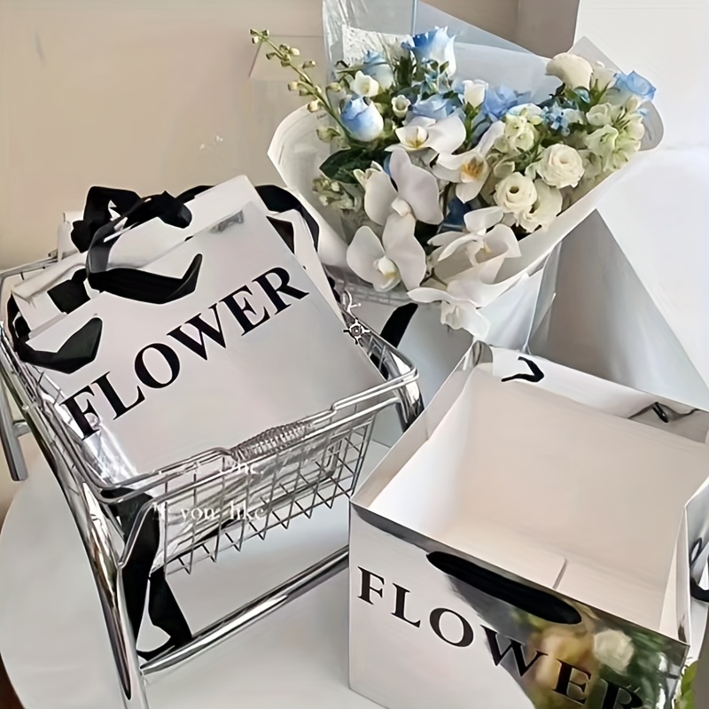 4PCS Paper Flower Gift Bags Box with Handle, Floral Arrangements Bouquets  Bag, Florist Bag Carry Package Gift Case for Valentines Day Wedding  Birthday Graduation Party Decoration,Black 