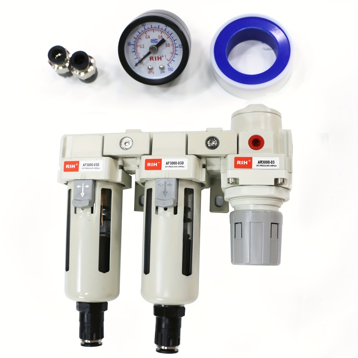 Rih 3/8'' Npt Auto Drain Compressed Air Double Filter & Regulator, Air Drying System, 5 Micron Element,air Compressor Water Separator, Auto Drain, Poly Bowl,0-150 Psi Gauge, (3/8 Npt)