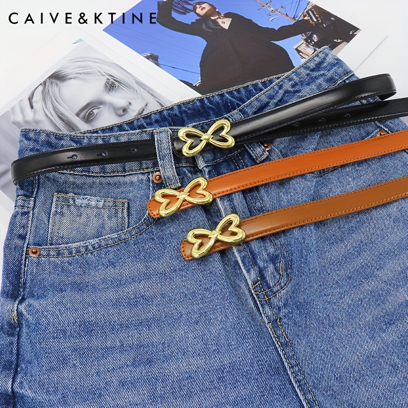 Heart Butterfly Buckle Thin Belt Leather Solid Jeans Pants Belt