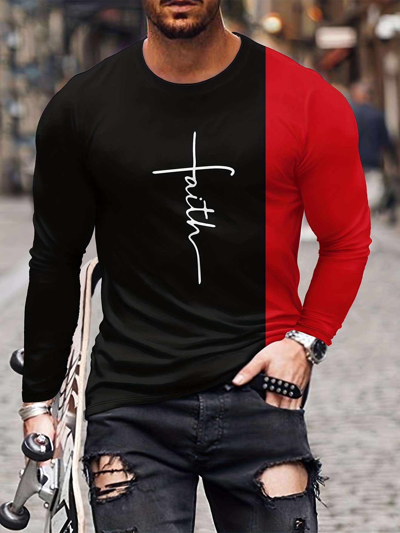 faith'' Pattern Camiseta Manga Larga Bloques Color Hombres - Temu Chile