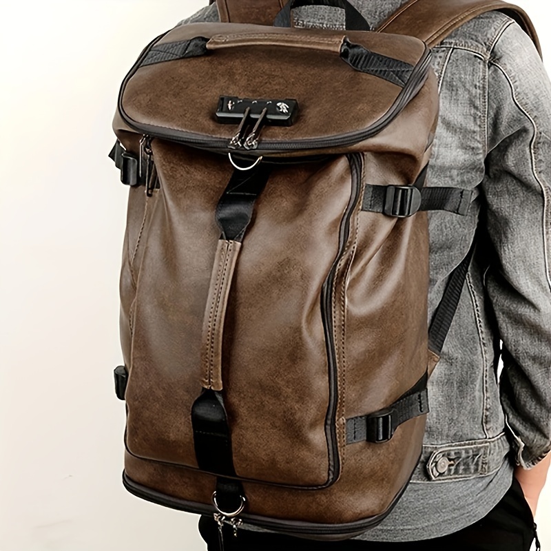Men's Large Capacity Backpack Multi-functional Portable Travel Bag Trendy Lightweight PU Leather Bucket Backpack With Shoe Space For Outdoor Sports Travel