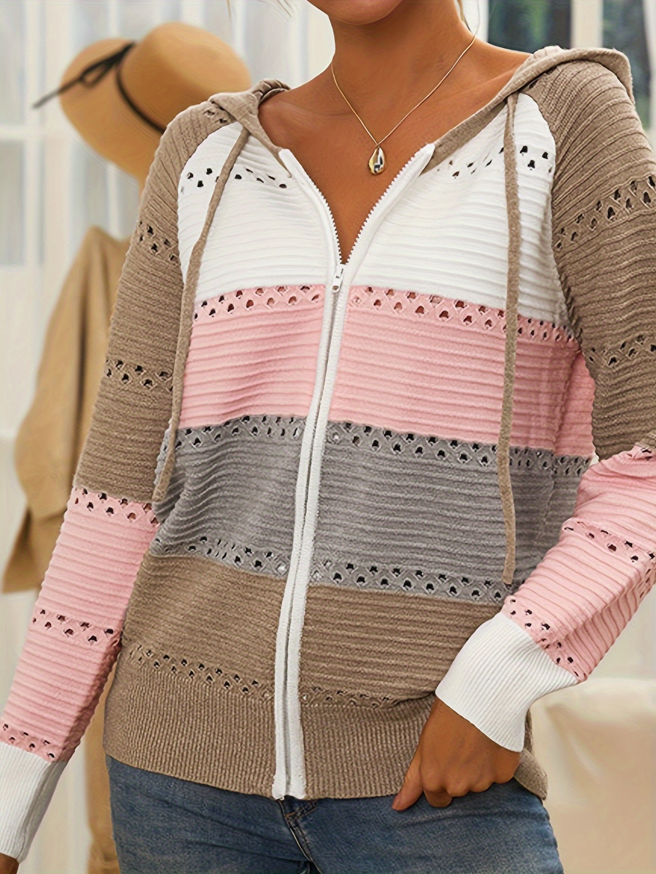 Color Block Zip Up Knit Cardigan Casual Hollow Long Sleeve Temu