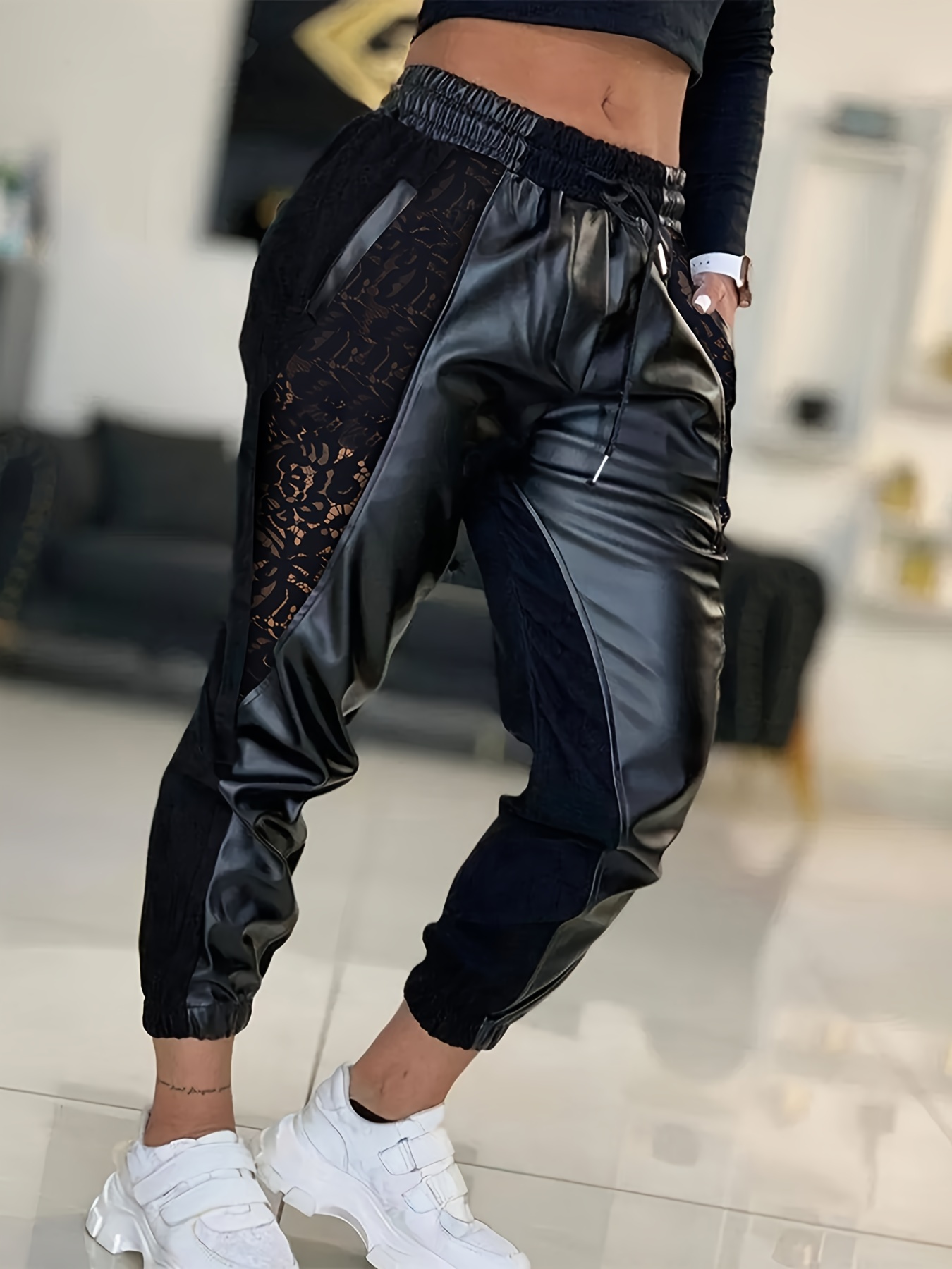 Women's Pants Flared Black Velvet Pants Unique Lace Details - Temu