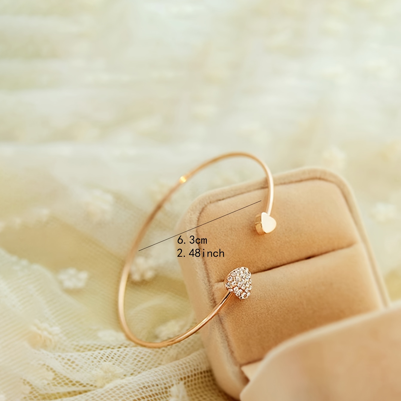Love Heart Open Bangle Bracelet with Rhinestone Inlay