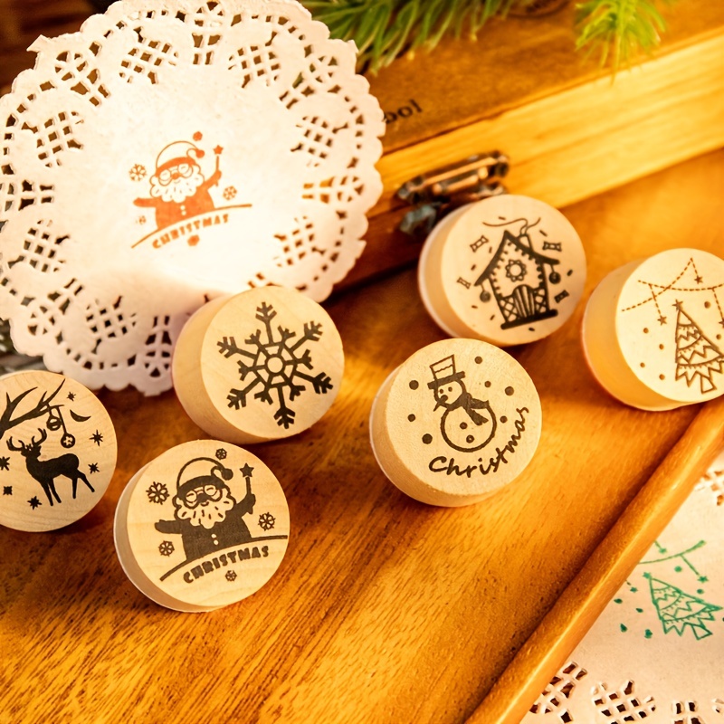 Christmas Theme Seal Set Round Wooden Rubber Stamps For - Temu