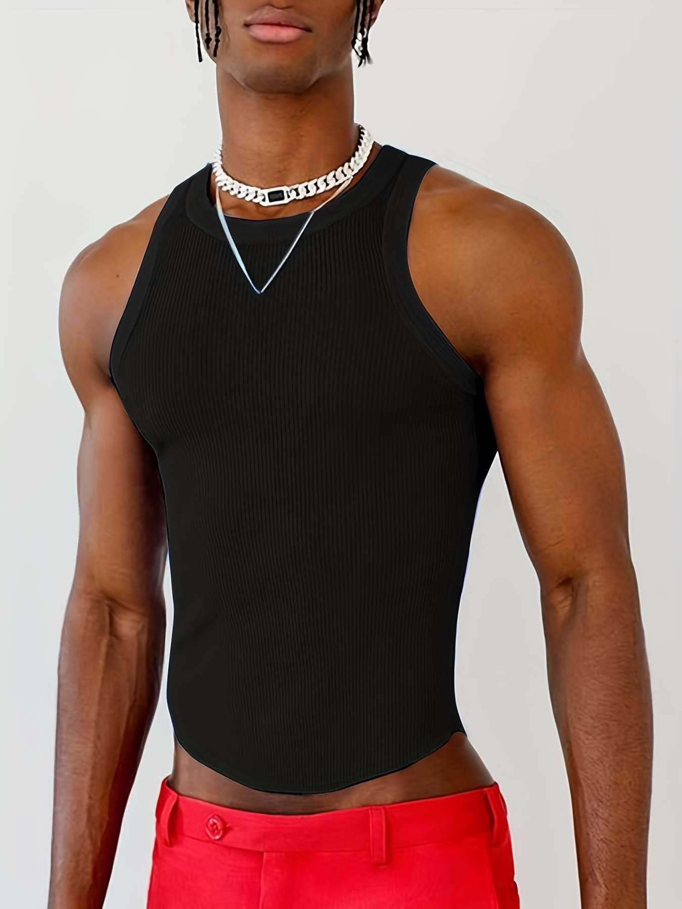 Men's Casual Ribbed Tank Top, Crew Neck Solid Color Vest, Loungewear Pajama  Tight Shirts