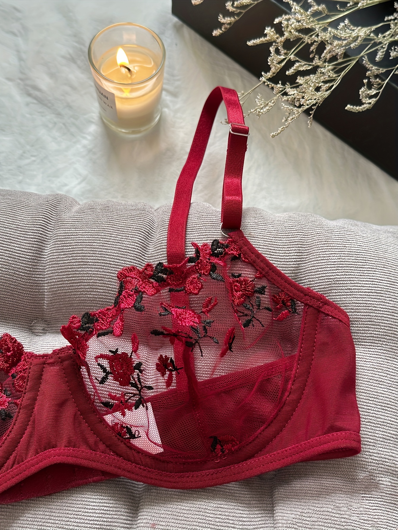 Heart Embroidery Lingerie Set Mesh Unlined Bra Strappy Thong - Temu Canada