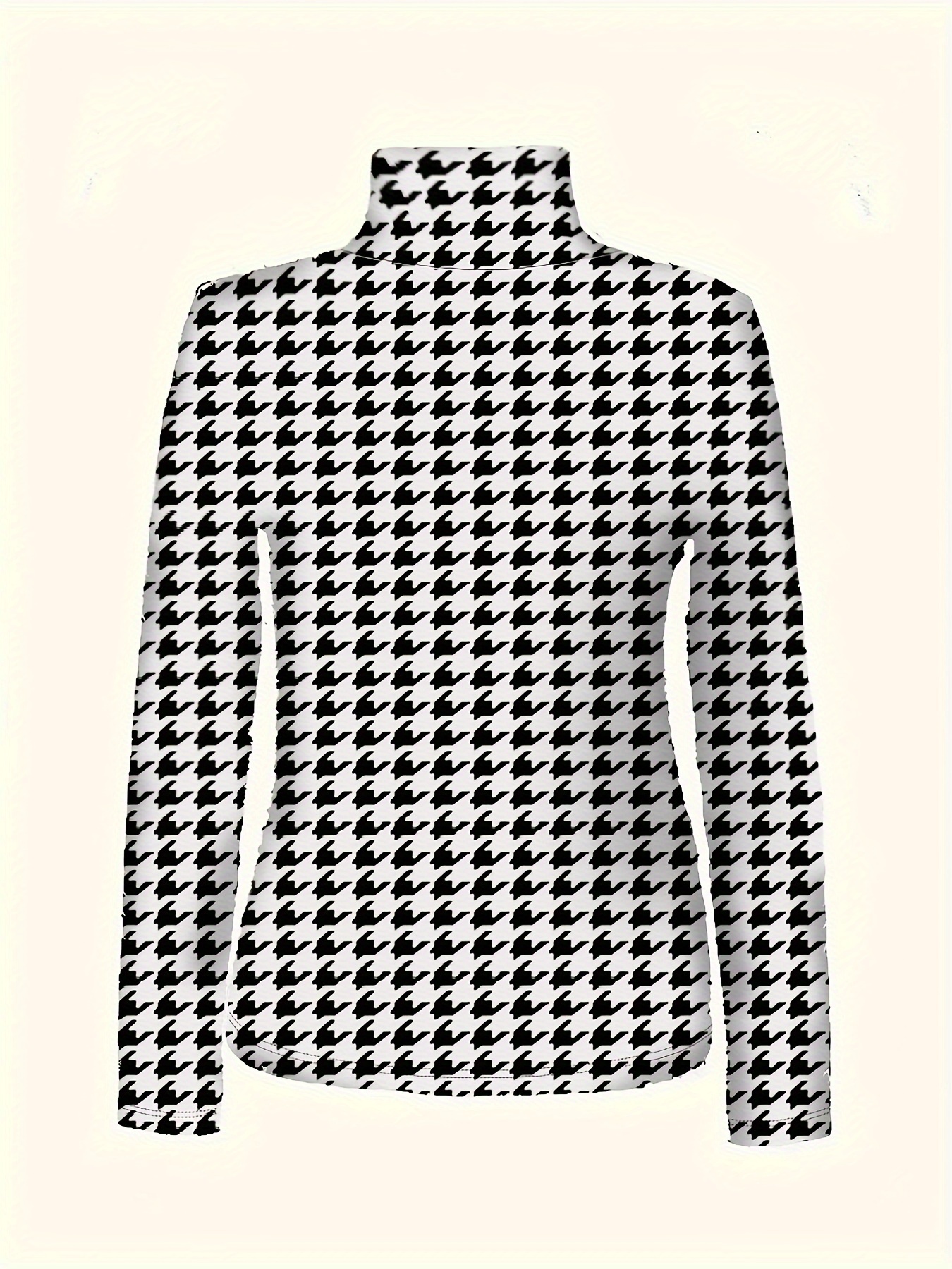 Tričko S Rolákem S Potiskem Houndstooth, Ležérní Top S Dlouhým Rukávem Na Jaro A Podzim, Dámské Oblečení