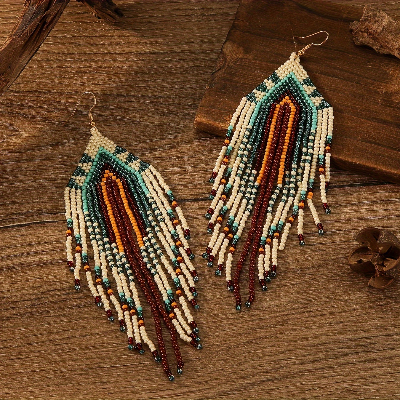 

Rhombus Shape Colorful Beads Tassel Dangle Earrings Bohemian Vacation Style Trendy Holiday Ear Ornaments