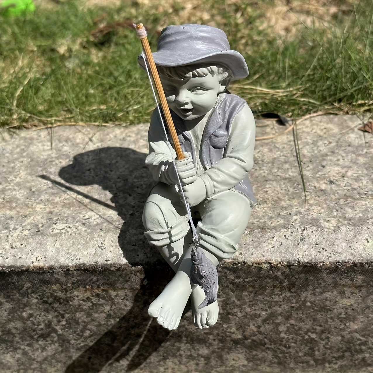 3d Fisherman Statue Boy Fishing Cat Statues Outdoor Garden - Temu