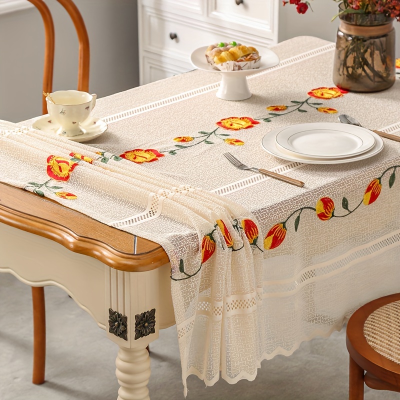 1pc Nappe Beige Brodé Motif Fleur Jaune Nappe Table Mode - Temu France