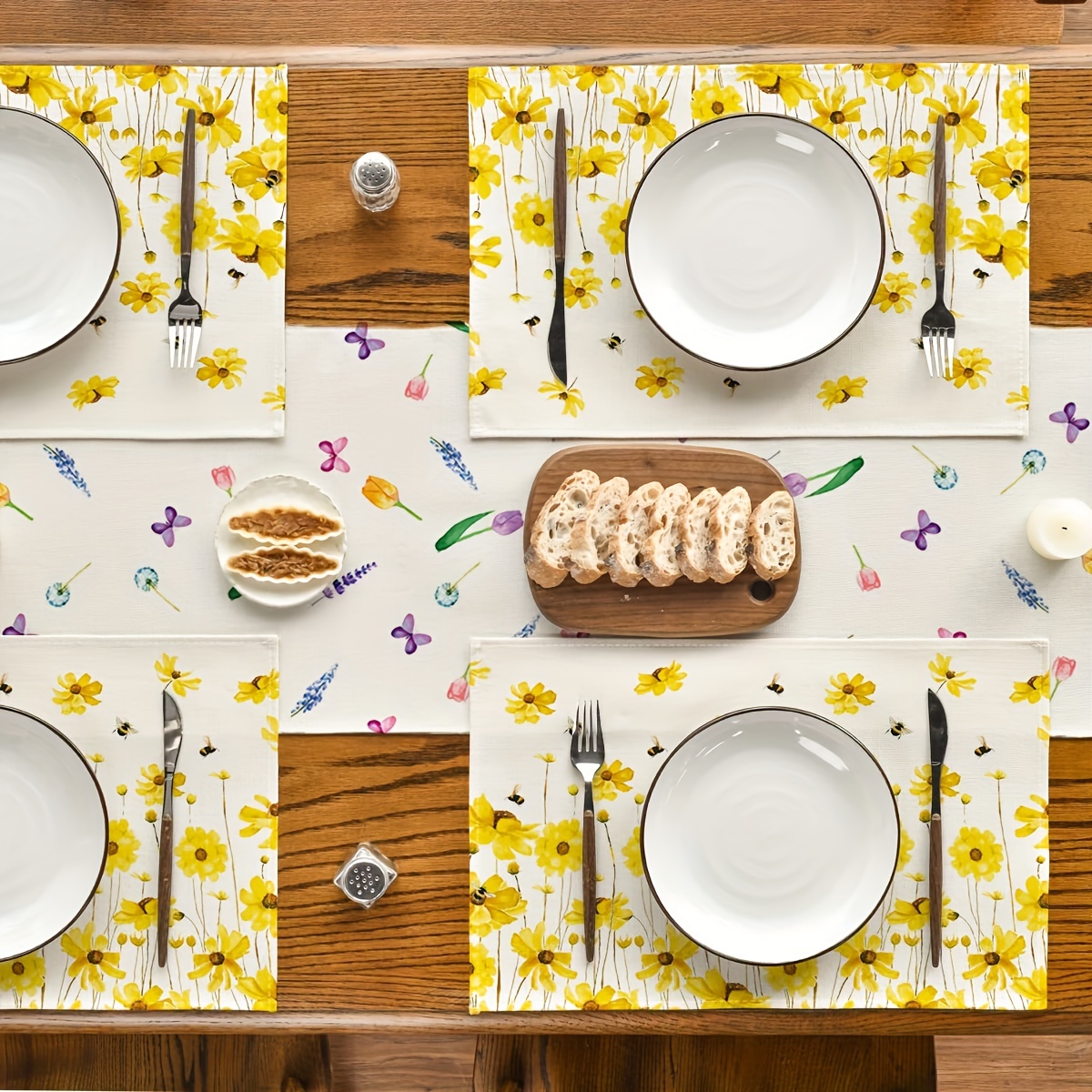 Spring Placemats, Linen Yellow Flower Bee Pattern Placemats Dining