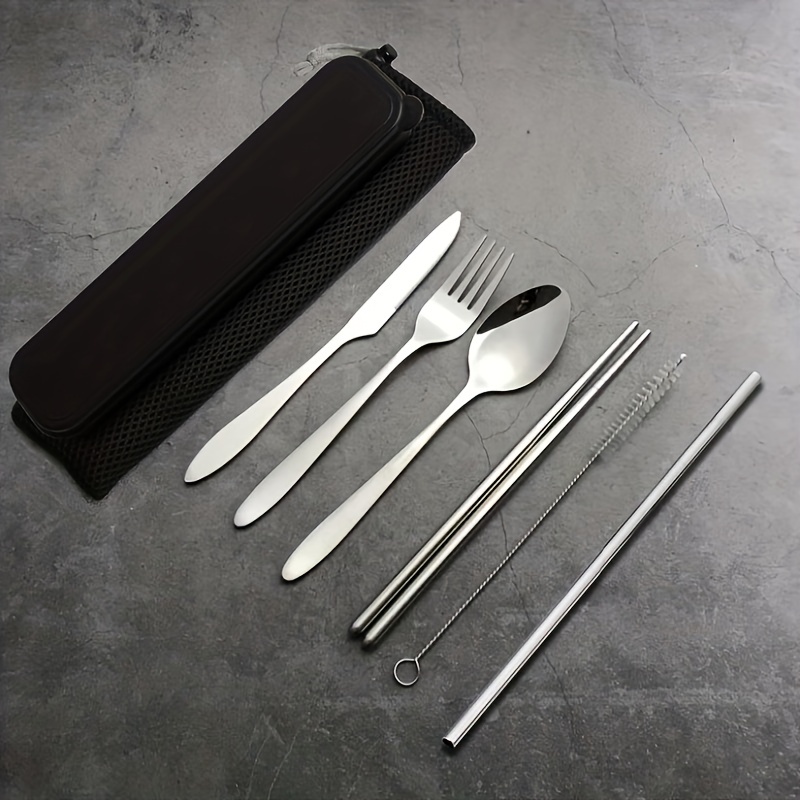 7pcs/set Stainless Steel Knife, Fork, Spoon, Chopsticks, Straws With Zipper  Bag, Portable Outdoor Travel Cutlery & Straw Set