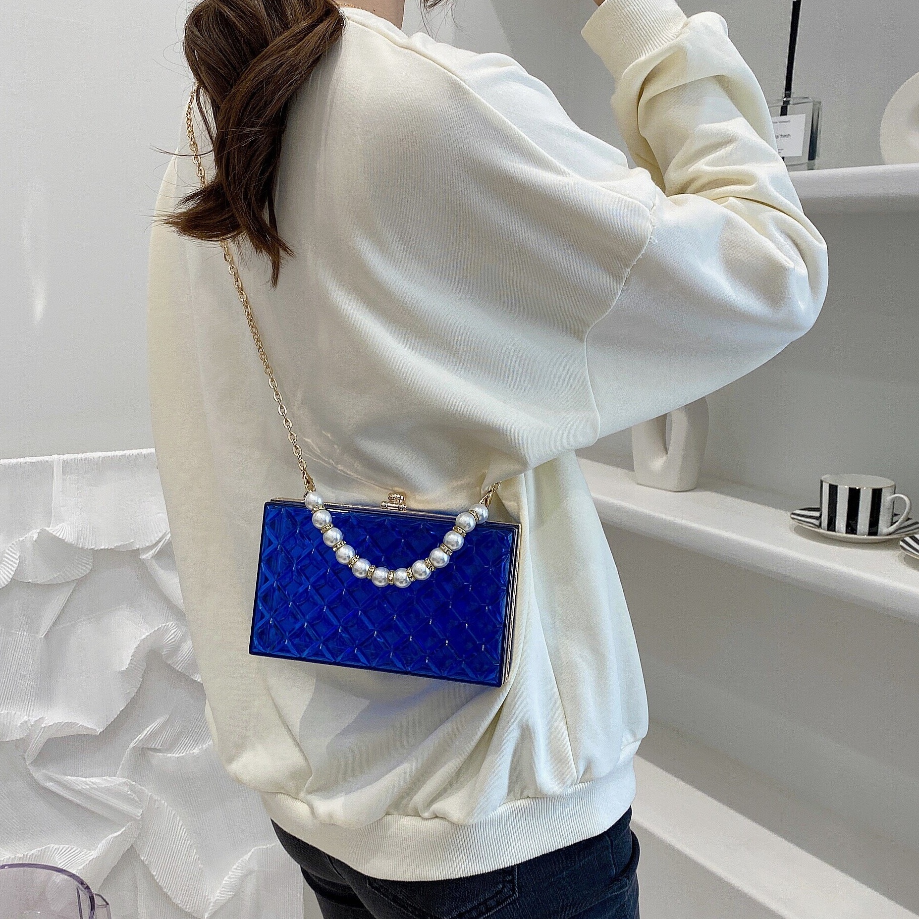 Mini Faux Pearl Decor Clear Box Bag, Trendy Argyle Embossed Acrylic Handbag,  Chain Crossbody Bag (6.92*4.15*1.98) Inch - Temu Philippines