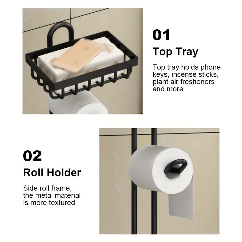 1pc Black Free Standing Toilet Paper Holder With Tray, Floor Standing  Tissue Roll Stand With Storage Shelf For Bathroom