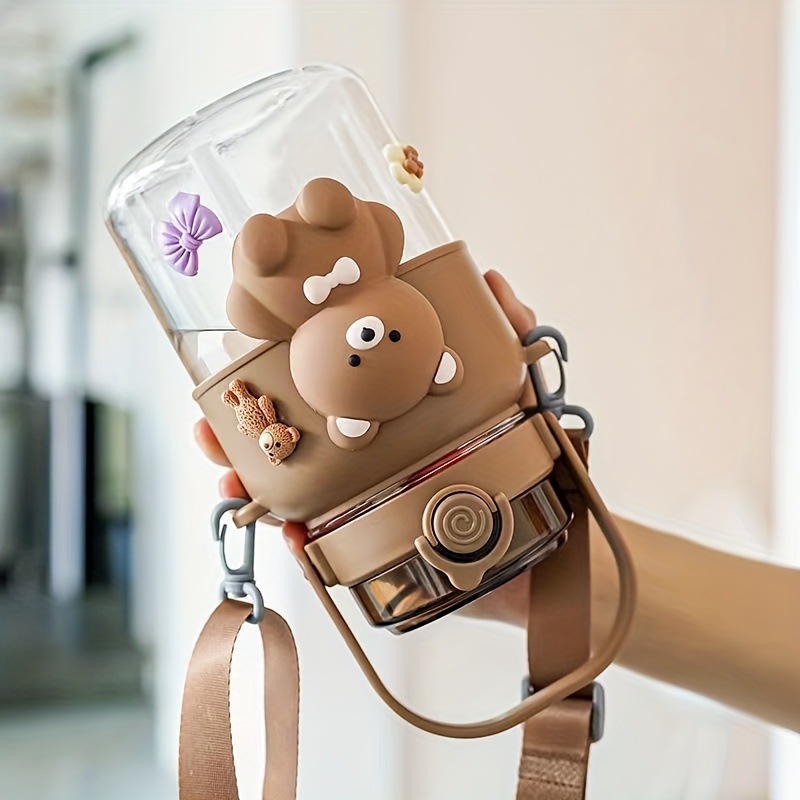 Cute Bear Water Bottle With Adjustable Shoulder Strap & Straw - Creative  Portable Water Bottle For Outdoor Camping - Temu