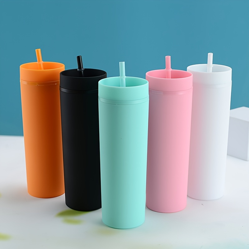 SKINNY TUMBLERS (4 Pack) Matte Pastel Colored Acrylic Tumblers with Lids  and Straws