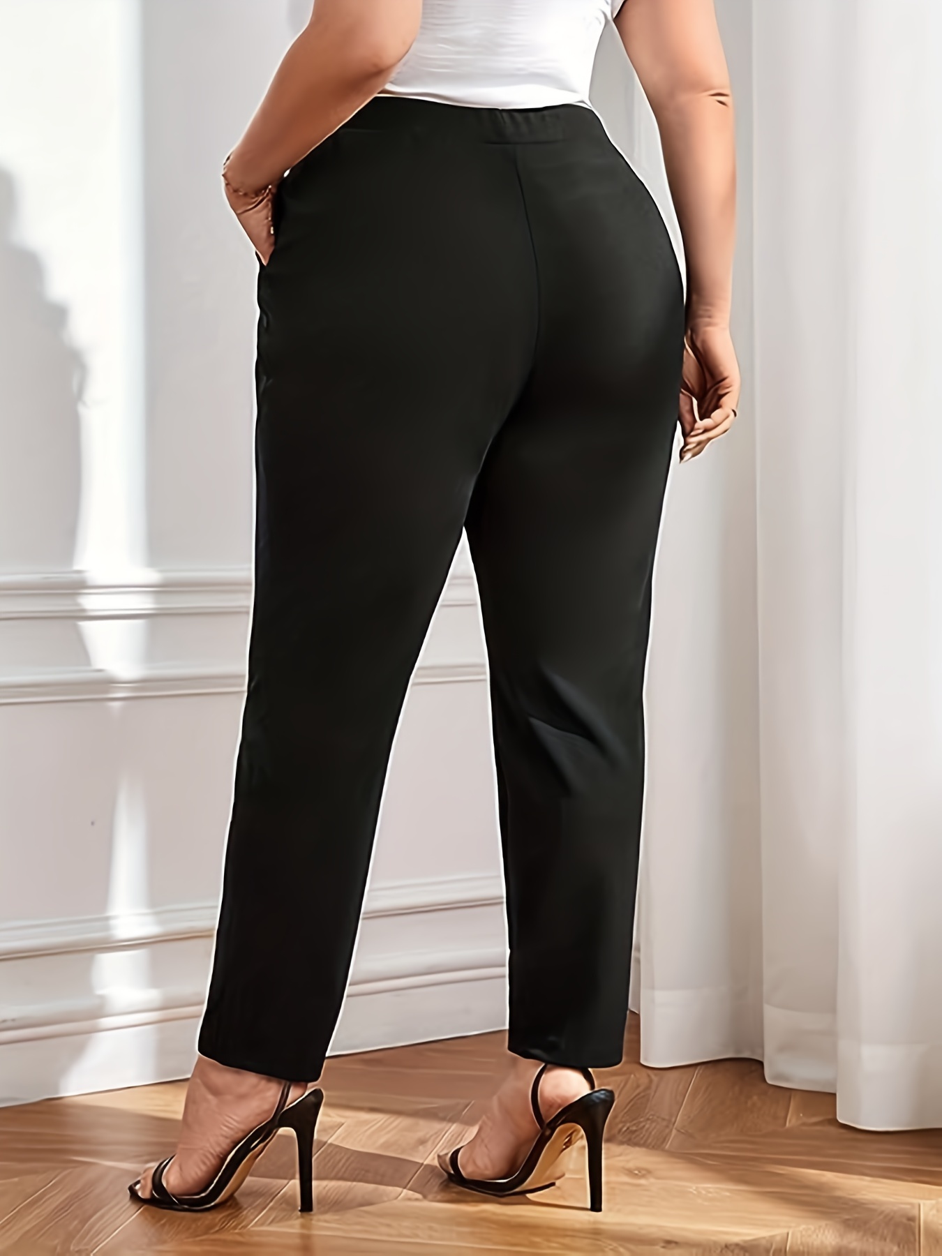 Plus Size Casual Pants Women's Plus Solid Ribbed Elastic - Temu Canada