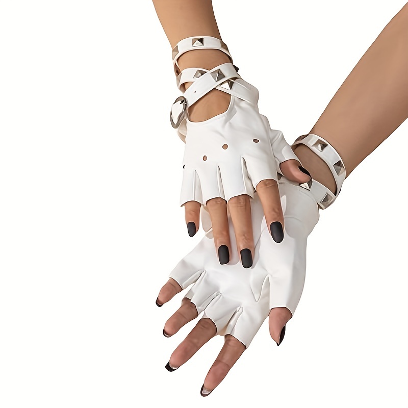 Fingerless Faux Leather Gloves - White Biker Punk Gloves with Belt
