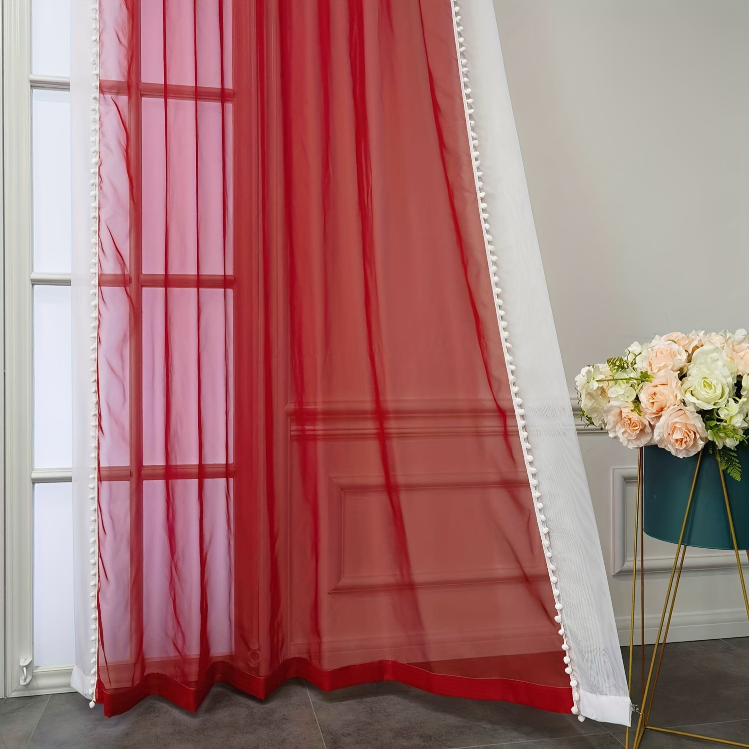 1panel Fashion Sheer Curtain Red White