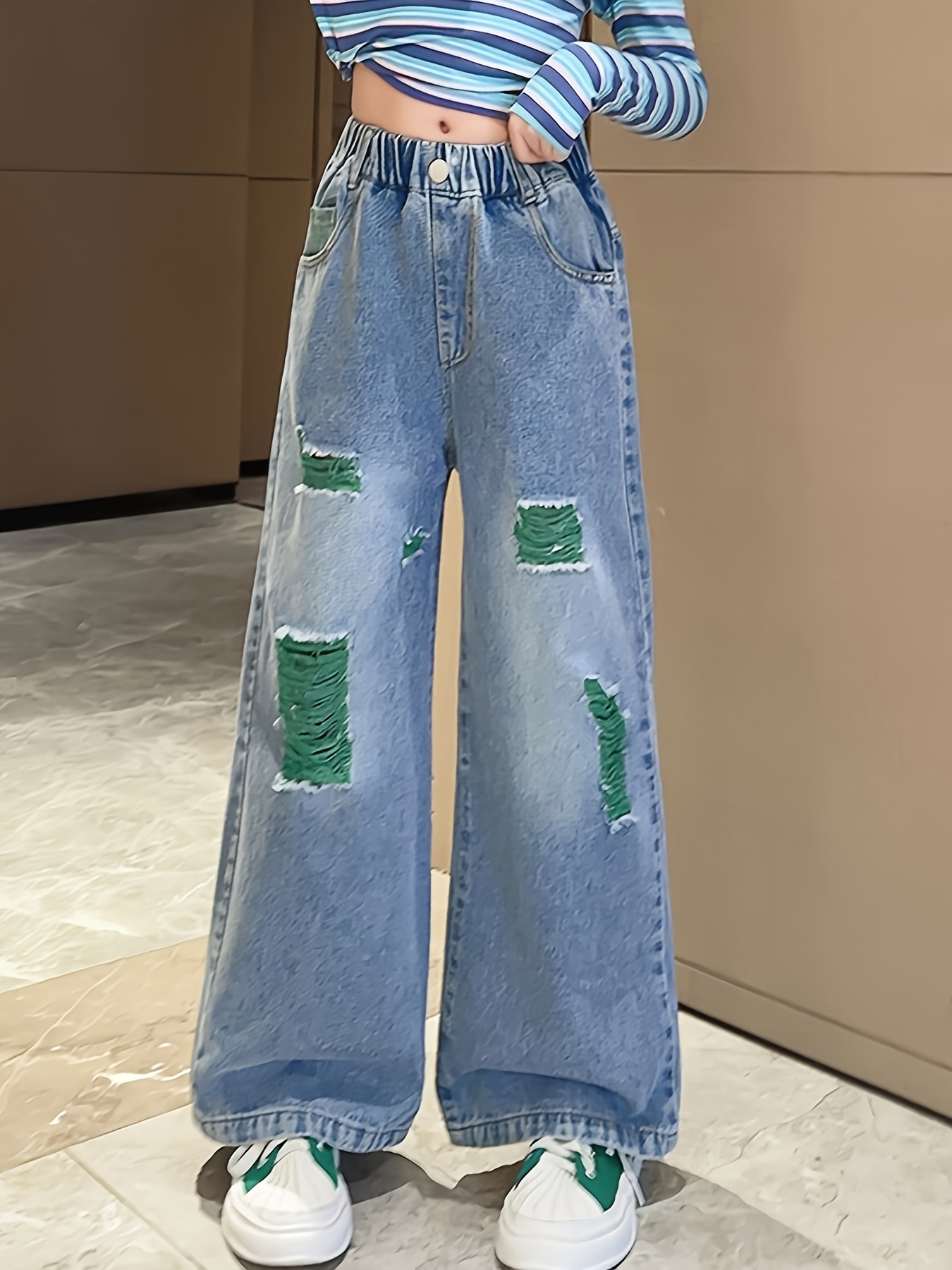 Girls Fashion Ripped Jeans High Waist Baggy Loose Wide Leg Trousers  Comfortable For Everyday