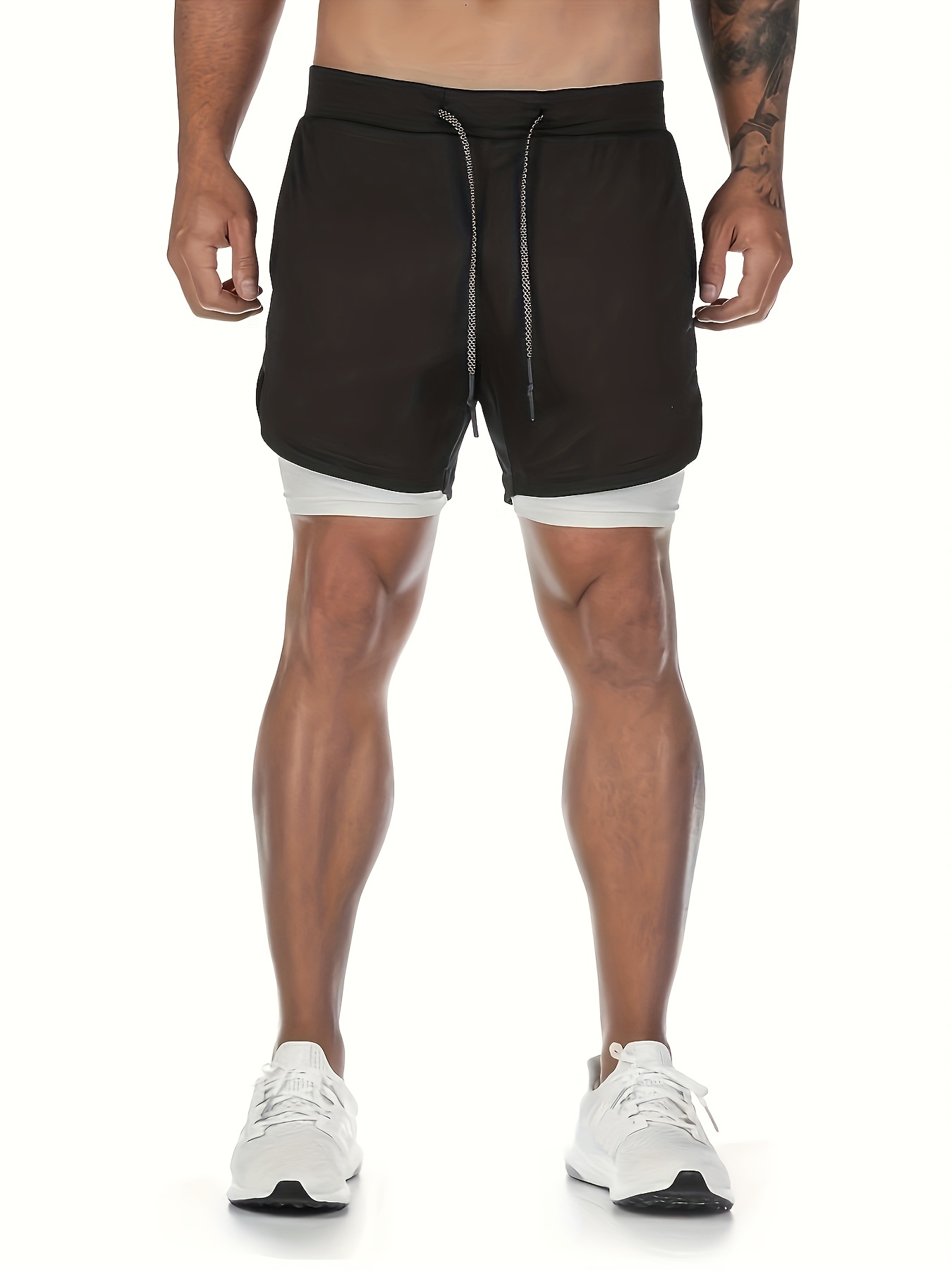Men's Two Layers Gym Running Shorts With Pockets, Active Quick Dry Mid Stretch Breathable Durable Drawstring Workout Shorts For Summer Outdoor