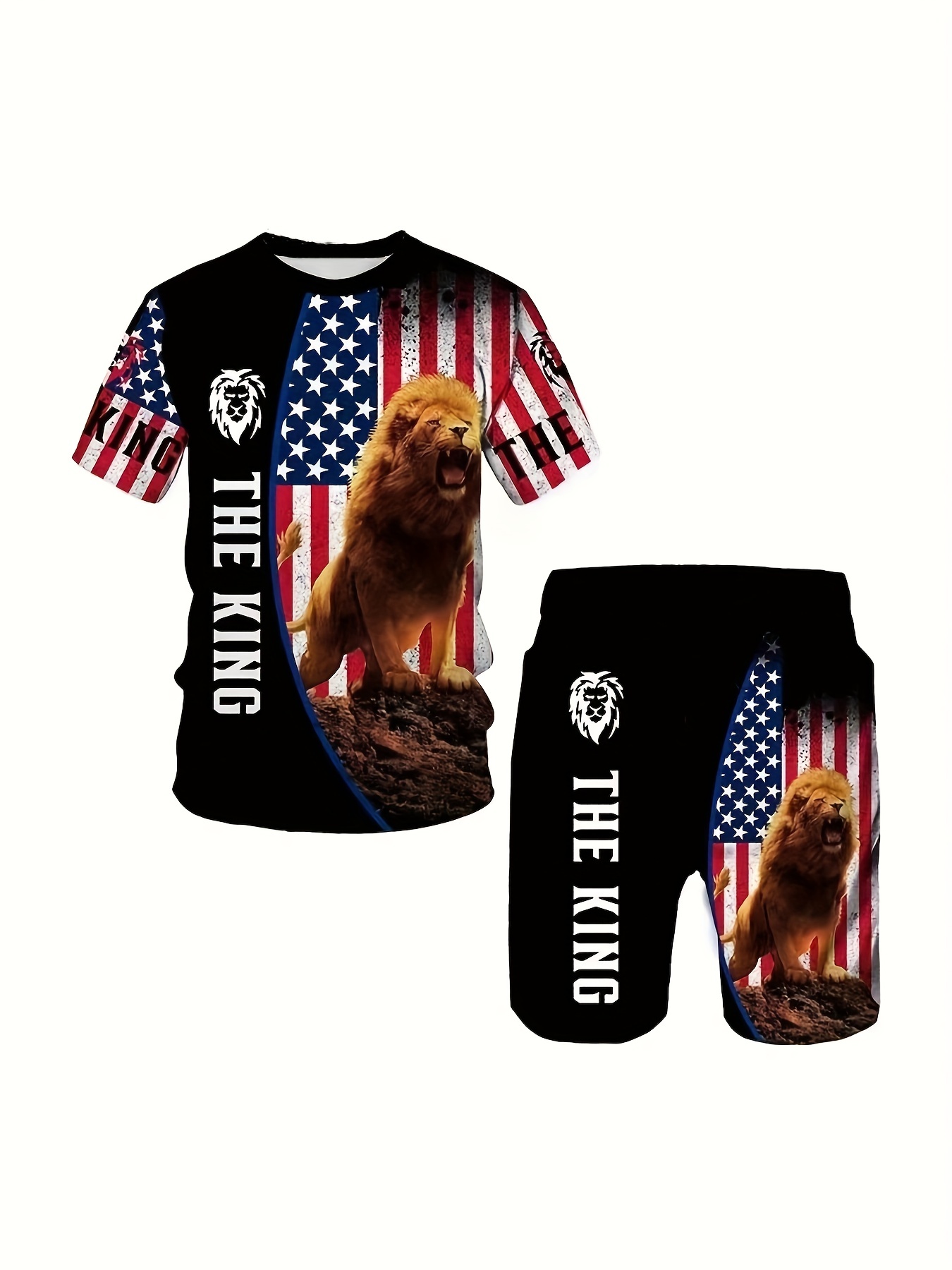 2pcs fashion suit mens american flag lion graphic slightly stretch t shirt comfy shorts for all seasons outdoor