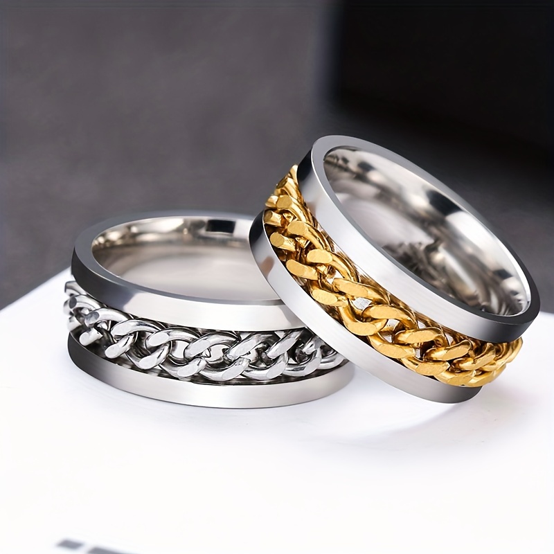 6pcs Stainless Steel Rings with Rotatable Chain, Couple Ring, Multi-functional Jewelry, Jewels, Fashion 8mm Ring, Trendy Gifts for Men,Temu