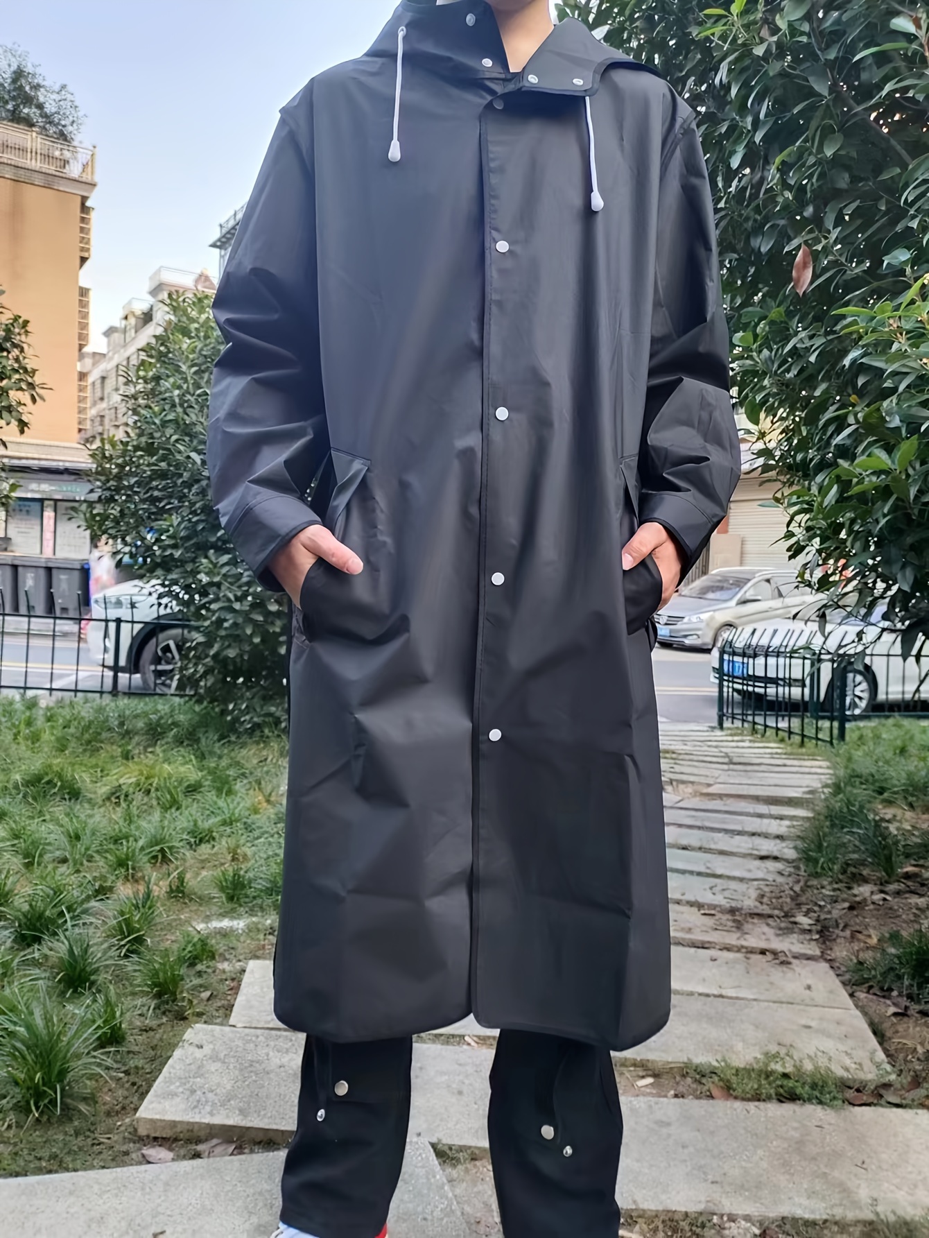 Men Solid Thicken Hooded Raincoat Fashion Waterproof Button - Temu