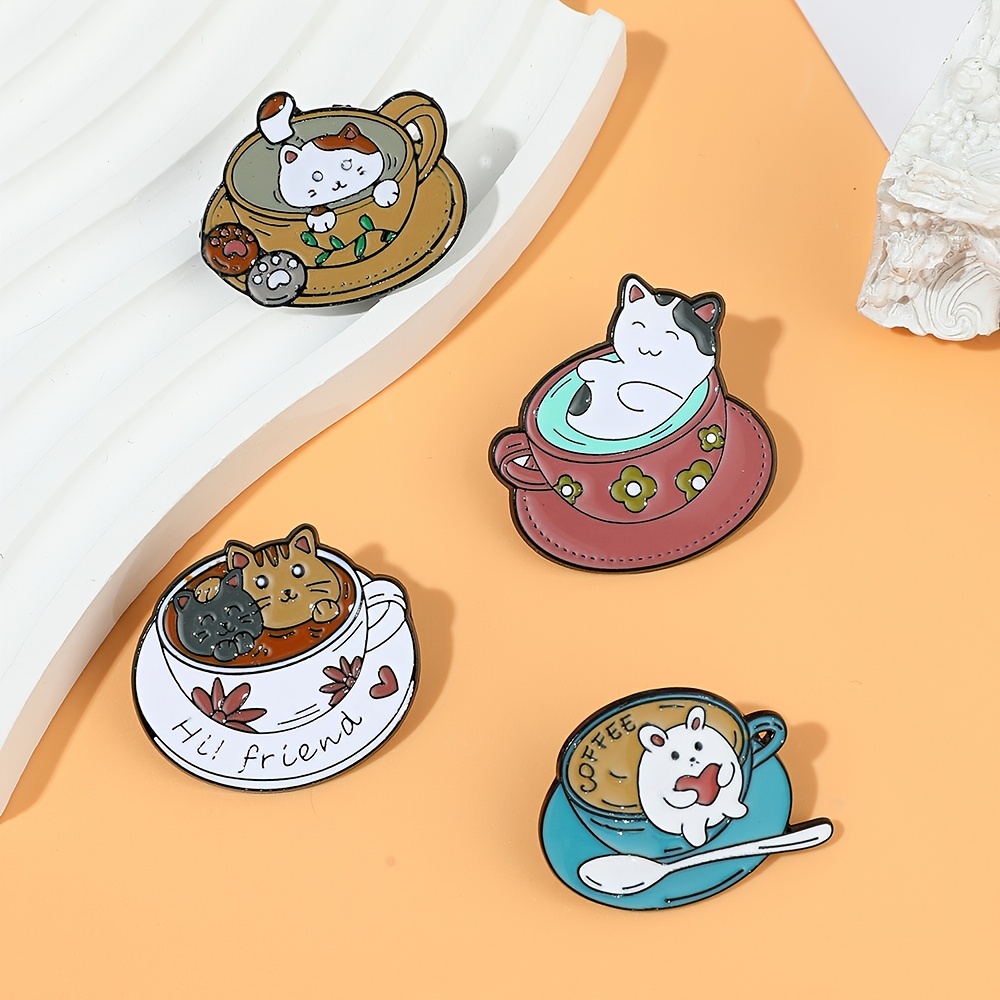 Boys Girls Creative Cute Cartoon Cat Coffee Metal Pin Badge - Temu
