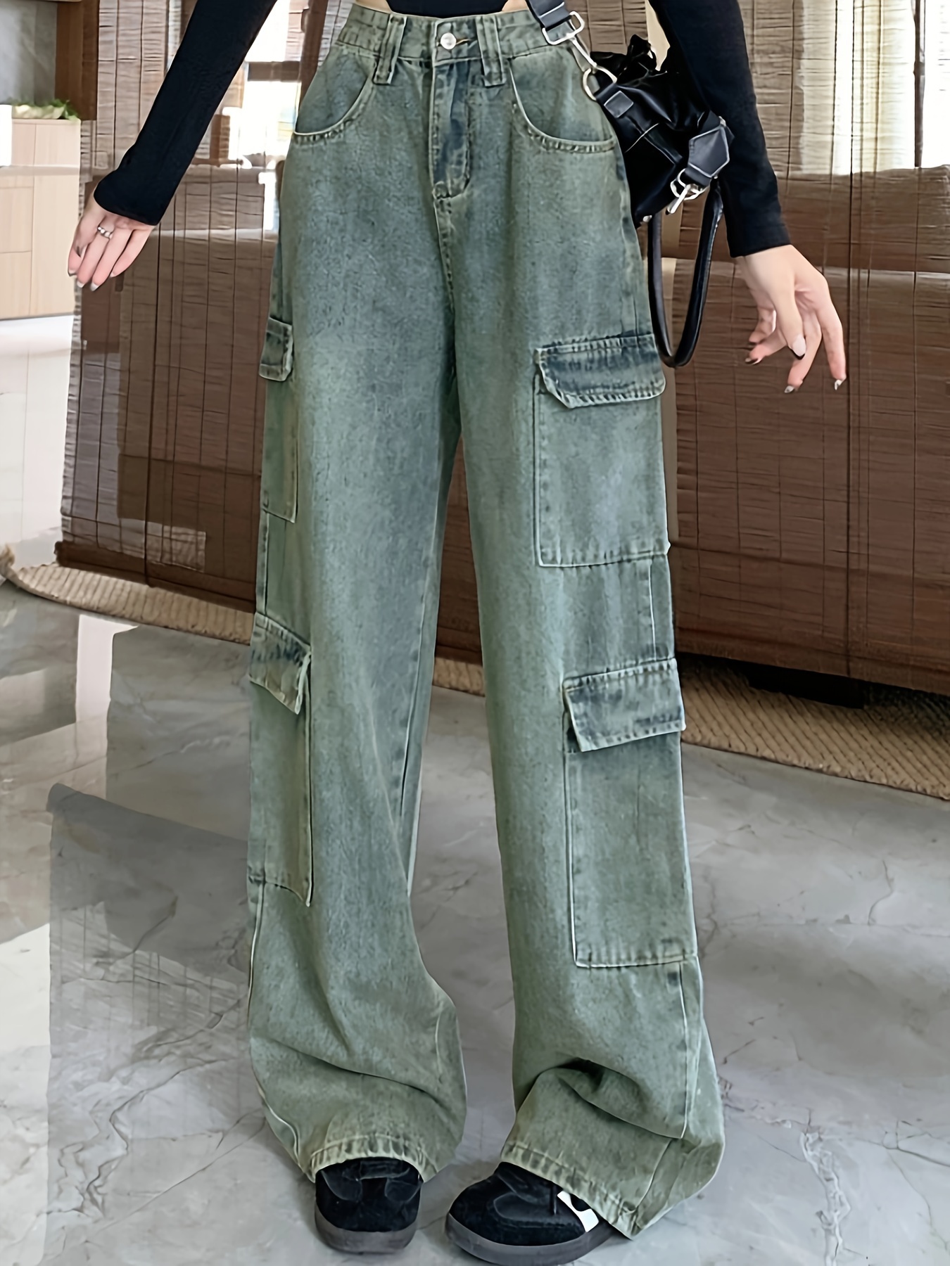 Cicy Bell Pantalones de trabajo de pierna ancha para mujer, casuales, de  cintura alta, holgados, a la moda, con bolsillos