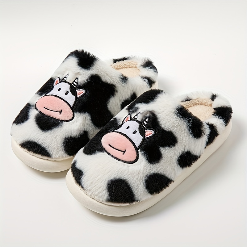 Kawaii Cow Print Fluffy Slippers Cute Cartoon Closed Toe Temu