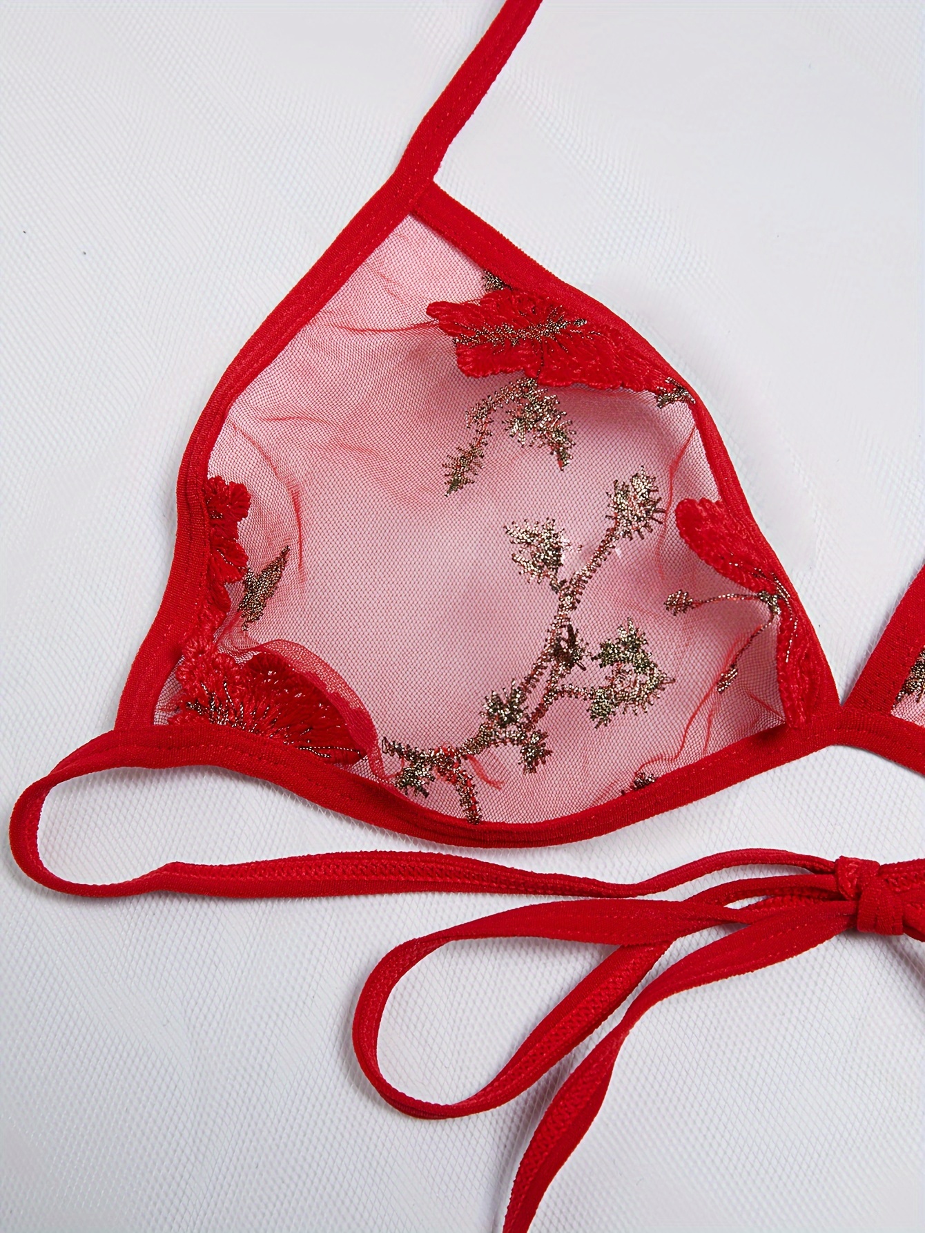 Floral Embroidery Bra & Side Tie Thong