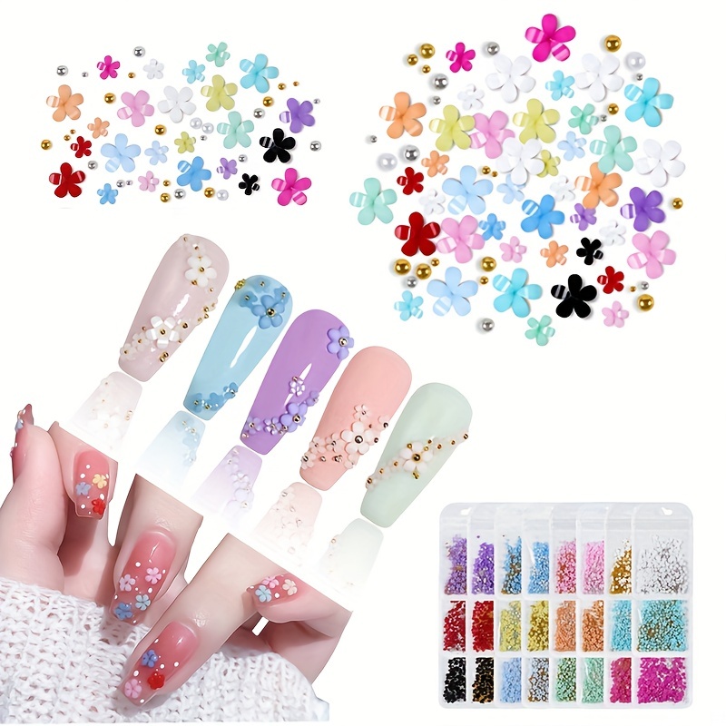 200pcs Nail Decor Five Petal Flower Silver Beads Resin Rhinestone Charms