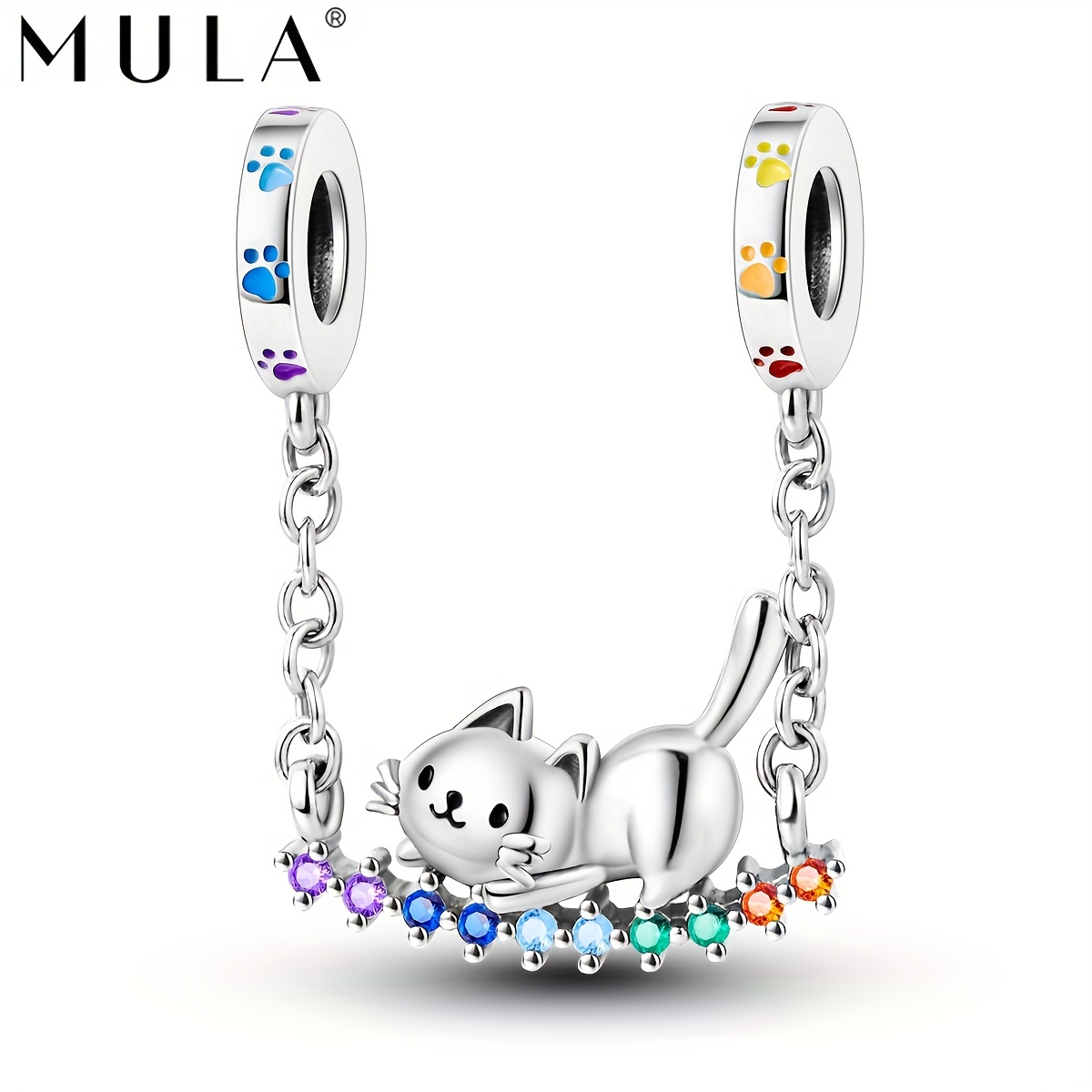 

1pc Mula 925 Silver Plated Lovely Cat Rainbow Swing Pendant Charm Fit Original Bracelet Necklace Beads For Diy Jewelry Making Gift For Women Friend