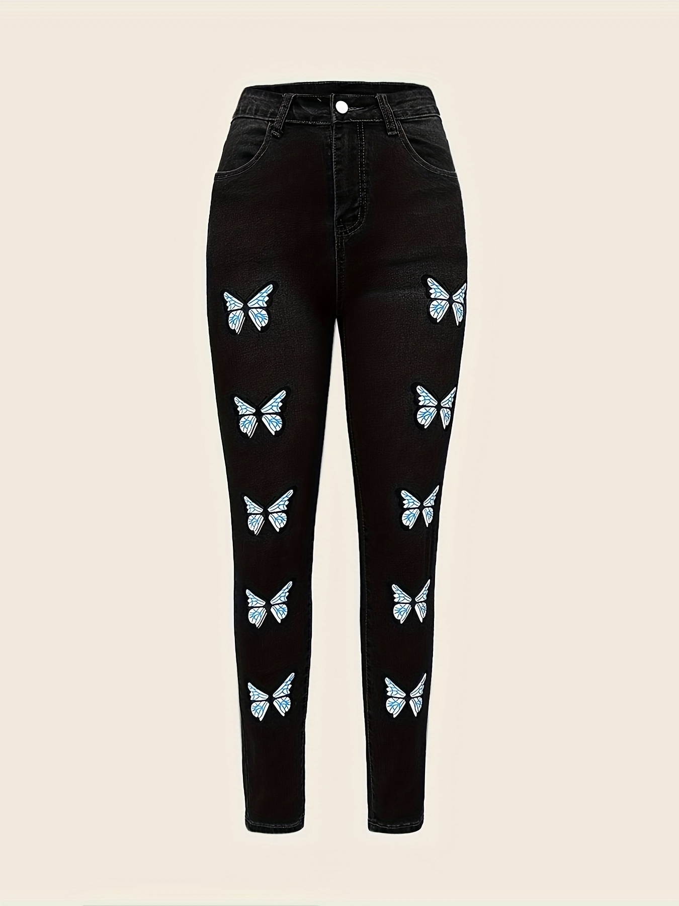 Butterfly Print High Stretch Skinny Jeans Slash Pocket Y2k - Temu