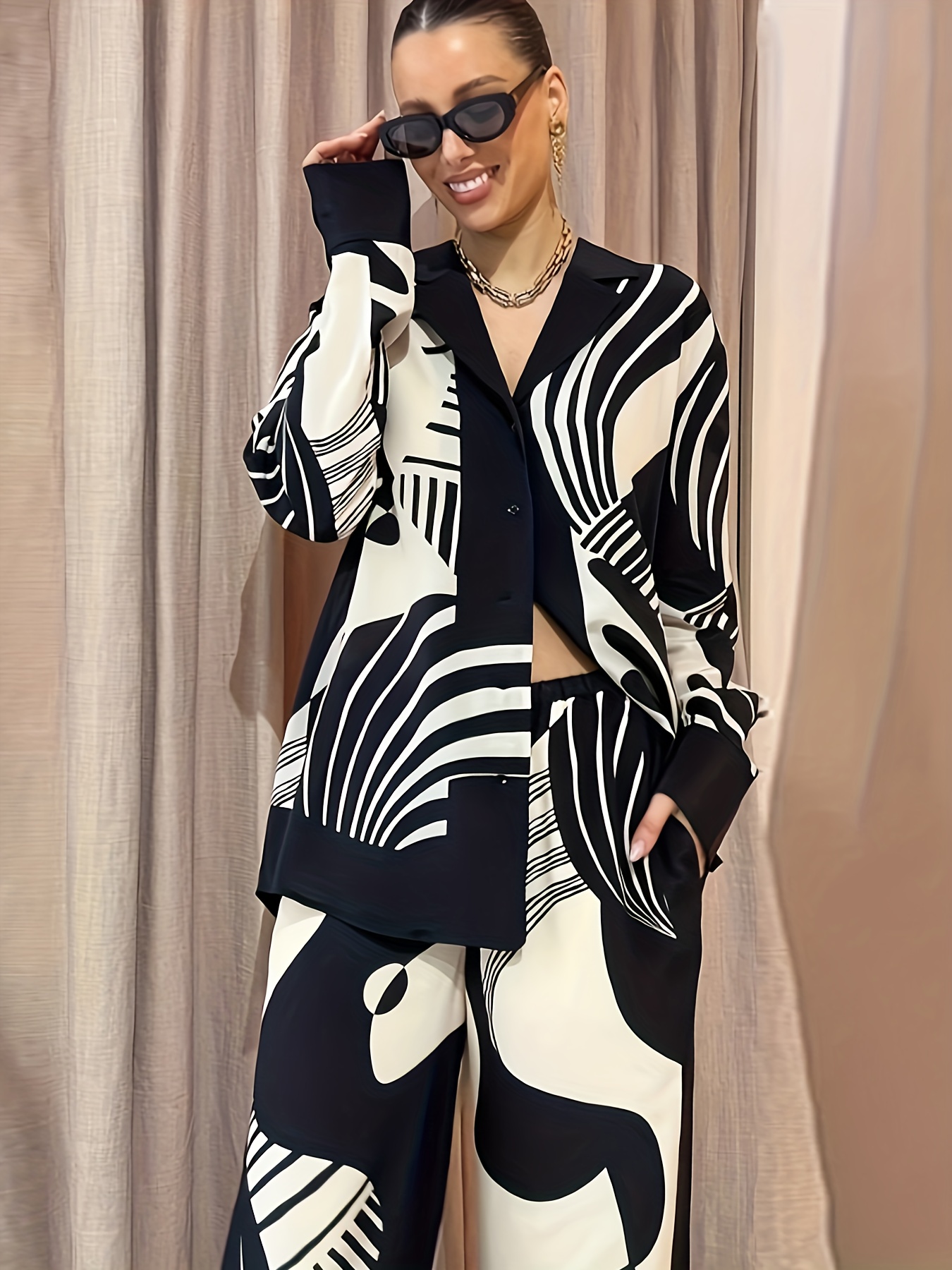 Abstract Print Casual Two-piece Set, Button Front Long Sleeve Tops & Wide  Leg Pants Outfits, Women's Clothing, Shop On Temu And Start Saving