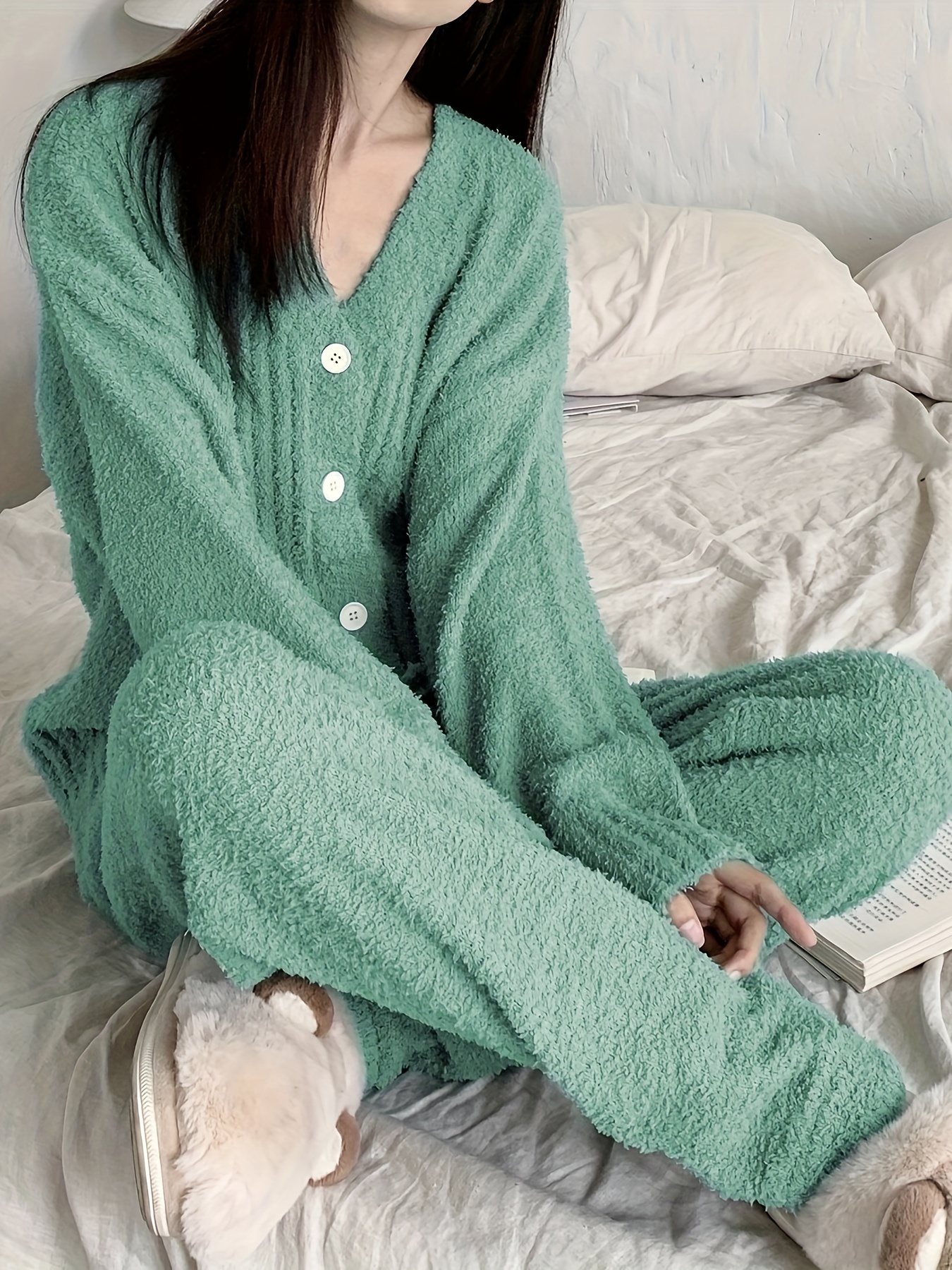 Casual Plush Pajamas Set Thickened Warm Long Sleeve Round - Temu