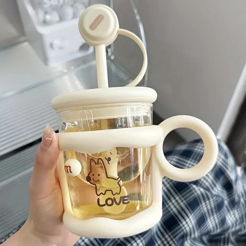 Cute Glass Coffee Mug With Lid And Straw Spoon Kawaii Glass - Temu
