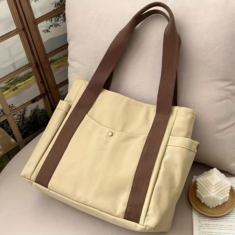 Large Capacity Canvas Tote Bag Multi Pockets Shoulder Bag Portable Handbag For School Work