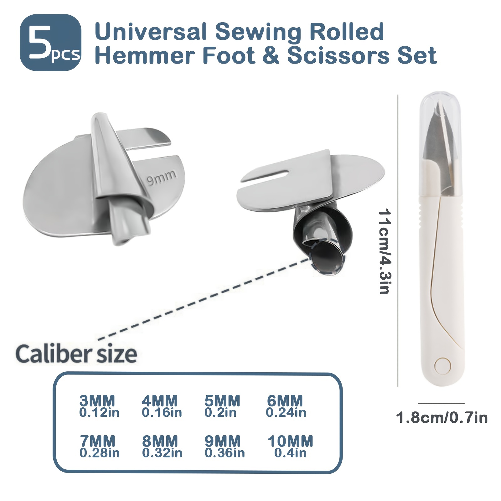  Universal Sewing Rolled Hemmer Foot Set, 8Pcs Rolled Hem  Pressure Foot Home Industrial Curved Scroll Hemmer Foot(4 Sizes: 3/4/5/6mm)