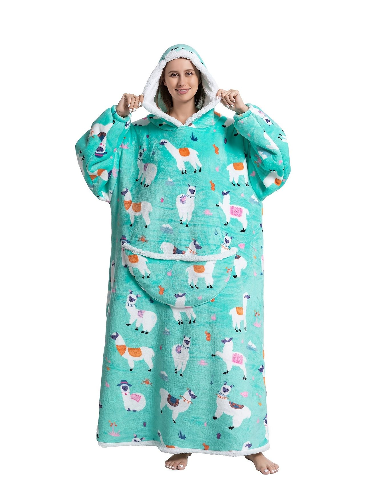 Plus Size Cartoon Graphic Midi Print Patterned Plush Blanket Hoodie, Women's  Flannel Fluffy Nightgowns Casual Stretch Robes Sleepwear - Temu