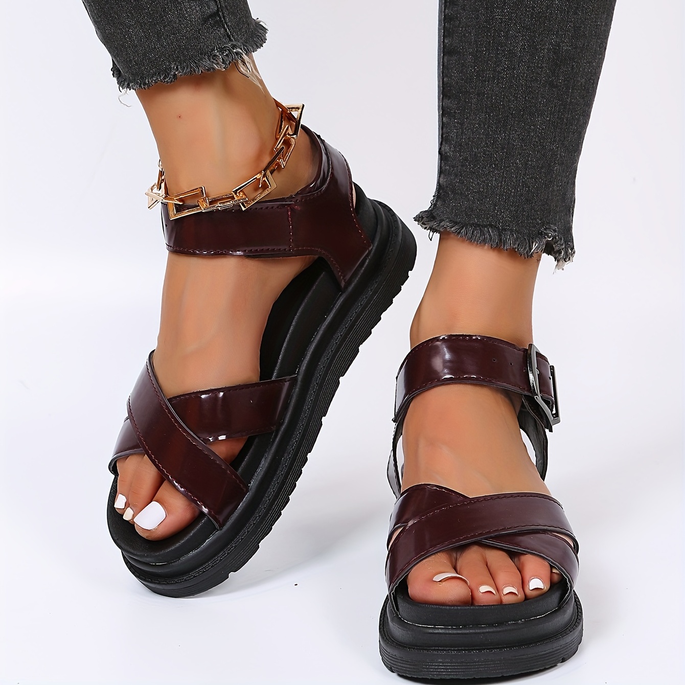 Women's Platform Cross Strap Sandals Ankle Buckle Strap Non Slip Shoes