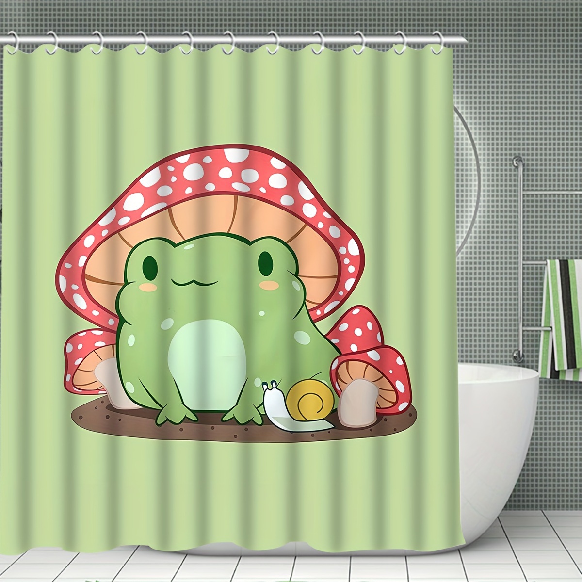 1pc/4pc Frog Frog Mushroom Print Shower Curtain, Waterproof Shower Curtain  With 12 Hooks, Bathroom Rug, Toilet U-Shape Mat, Toilet Lid Cover Pad, Bath
