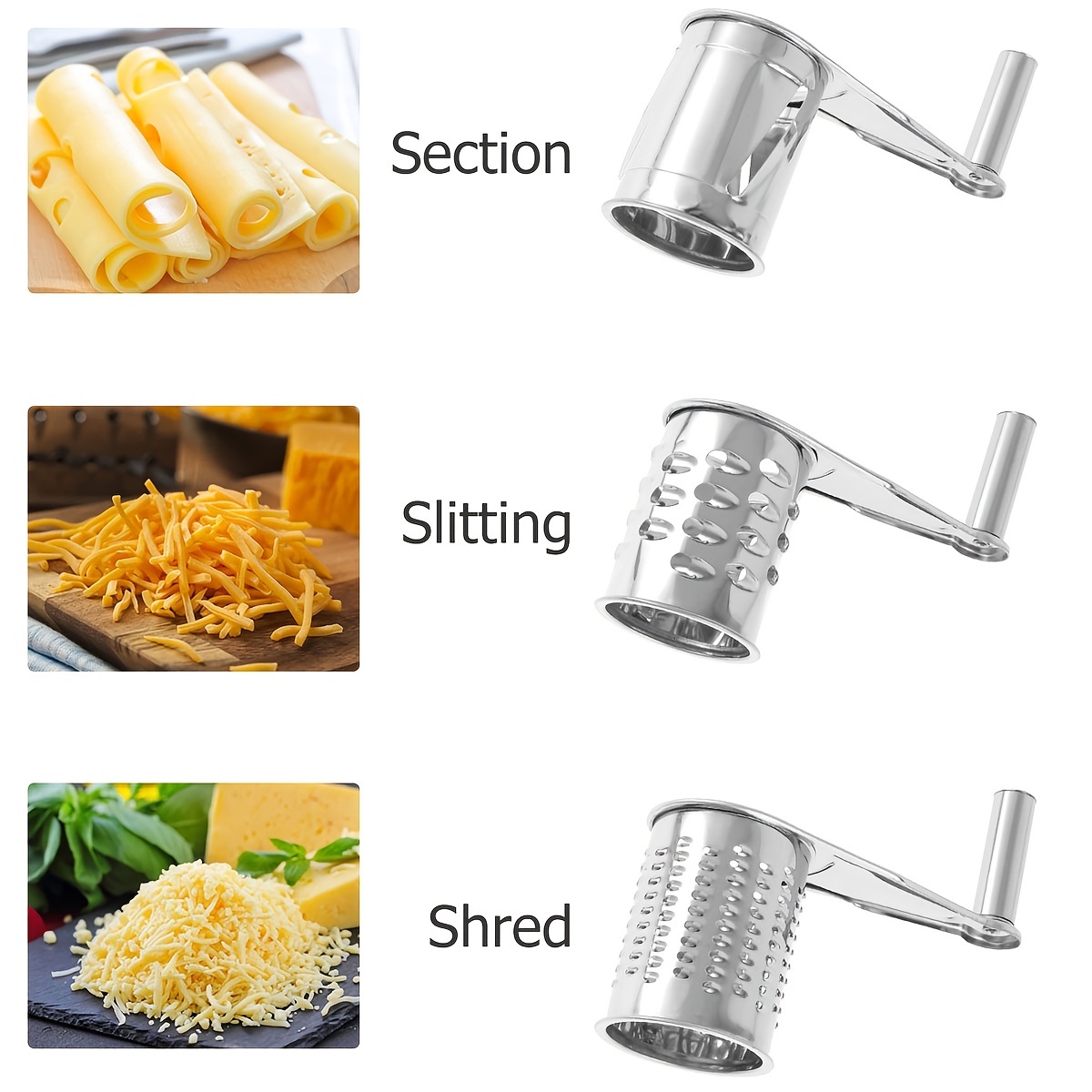 Cheese Grater Cheese Shredder - Manual Rotary Cheese Grater with Handle  Vegetable Slicer Nuts Grinder 3 Replaceable Drum Blades and Strong Suction